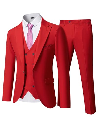 YND Men's 3 Piece Slim Fit Suit Set, One Button Peak Lapel Solid Business Blazer Jacket, Double Breasted Vest Pants and Tie