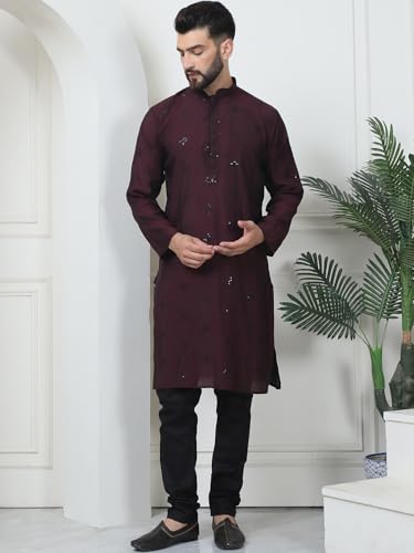 Image of SOJANYA (Since 1958 Men's Cotton Silk Sequinned Neck Embroidered Kurta with Black Pyjama