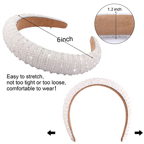 Wecoe White Headband Beaded Headband Women Rhinestone Headband Fashion Fancy Bling Sparkle Crystal Diamond Padded Headband Cute Hair Bands Birthday Wedding Holiday Hair Accessories For Women Girls #TOP2
