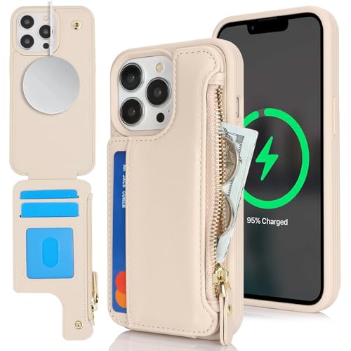 Image of SailorTech iPhone 13 Pro Case with Credit Card Holder magsafe, iPhone 13 Pro Phone Leather Case Wallet for Women Compatible mag safe Card Slots Zipper Shockproof Case for Men - Beige