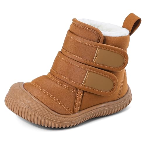 MASOCIO Baby Shoes Boys Girls Winter Snow Boots Infant Toddler Kids Warm Fleece Lined Furry Fluffy Booties Slippers First Walking 12-18 Months Size 4 UK Child Brown