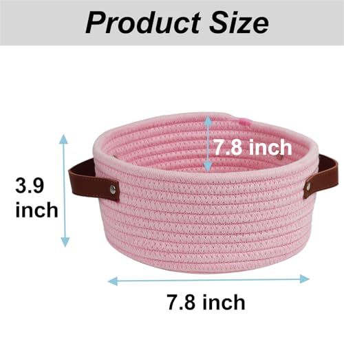 Image of Small Woven Basket, Cute Mini Cotton Rope Storage Basket with leather handle, Tiny Decorative Round Storage Bin, Boho Empty Gift Baskets for Organizing, Toy Organizer for Nursery (Pink)