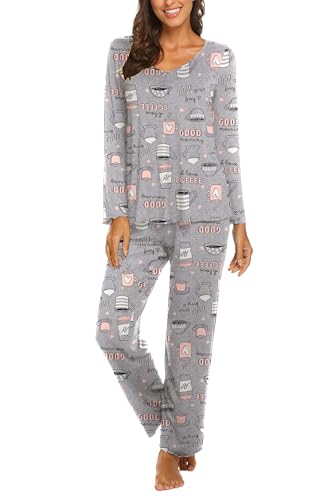 Ekouaer Schlafanzug Damen Lang Pyjama Set Kuschelig Nachtwäsche Zweiteiler Herbst Schlafanzüge Langarm Hausanzug Meerjungfrau S