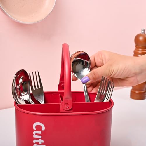 Image of MARKET 99 Galvanised Iron Red Cutlery Holder with Oval Shape and Matte Finish | Knife and Fork Holder for Kitchen | Cutlery Stand | Dining Utensil Rack for Dining Table