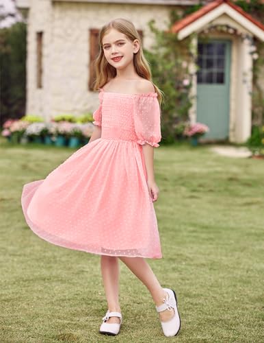 Arshiner Girls Swiss Dot Chiffon Dress Puffy Sleeve Square Neck Smocked Flowy Midi Dresses 5-14 Years3