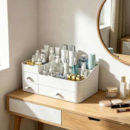 Image of ROKTRY Large Organizer with Drawers for Vanity, Bathroom Counter Organizer for Cosmetics & Skincare, Plastic Makeup Storage Box with Compartments, Vanity Organizer for Accessories