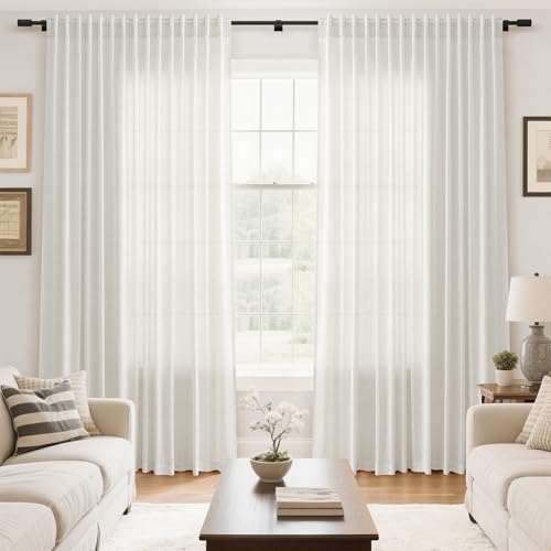 Image of Extra Wide Beige White Curtains 96 Inches Long for Living Room Light Filtering Sheer Curtains for Coastal Room Decor Linen Farmhouse Curtain for Bedroom Back Tab and Rod Pocket 100x96,2 Panels