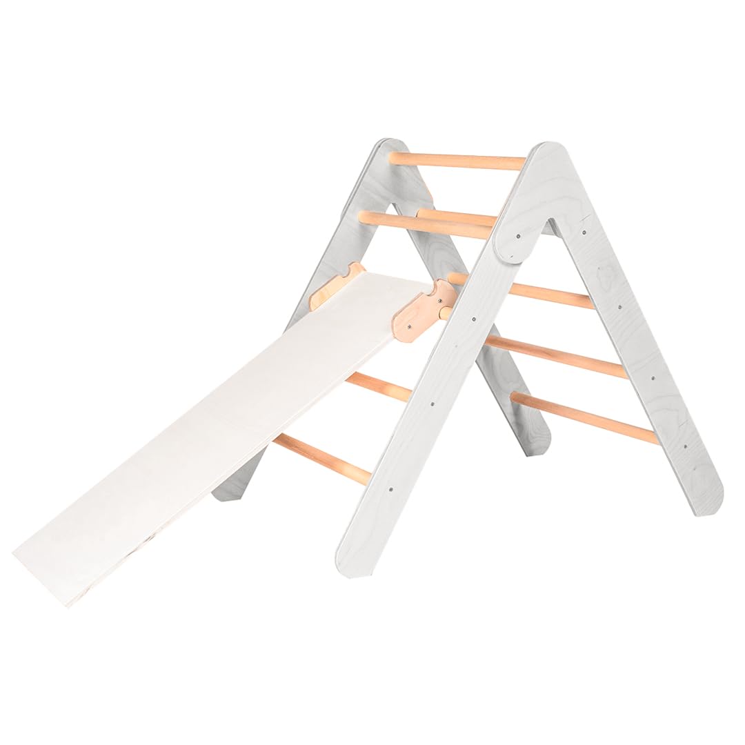 mamikids - Arrampicata per Bambini Richiudibile in Legno Naturale 70x60cm, Triangolo con Scivolo per Bambini 1-5 Anni, Giochi Educativi Montessori - Made in Italy, Bianco