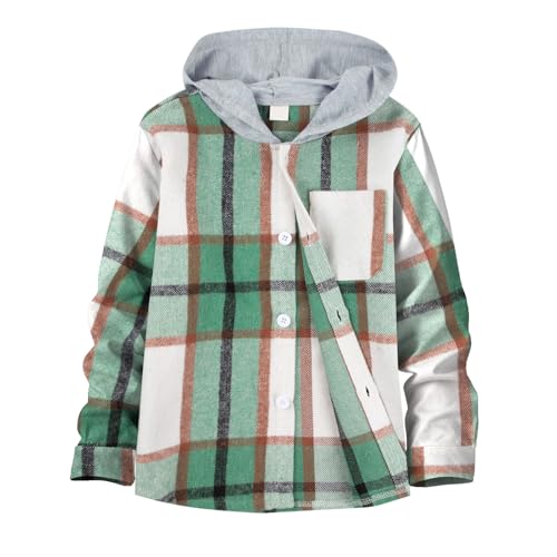 Image of Boys Girls Flannel Shirts Plaid Hoodies Fall Fashion Button Down Shirts | Long Sleeve Shirts Hooded Lightweight Jacket, Perfect for School Mornings, Leaf Piles,Camping, Bonfires, Weekend Adventures