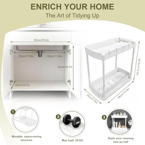 COLMO 2 Pack Organizador Bajo Fregadero 2 Niveles con Cajón Extraíble, Blanco, 15 x 14.3 x 7.8 pulgadas, 8 Ganchos Incluidos, Montaje sin Herramientas, Plástico ABS miniatura 3