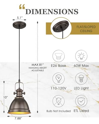 Image of 2-Pack 8 inch Pendant Lights Kitchen Island, Oil Rubbed Bronze | Farmhouse Kitchen Pendant Lighting over Island for Dining Room, Metal Shade, Adjustable Height, E26 Base, 2151-2PM-ORB