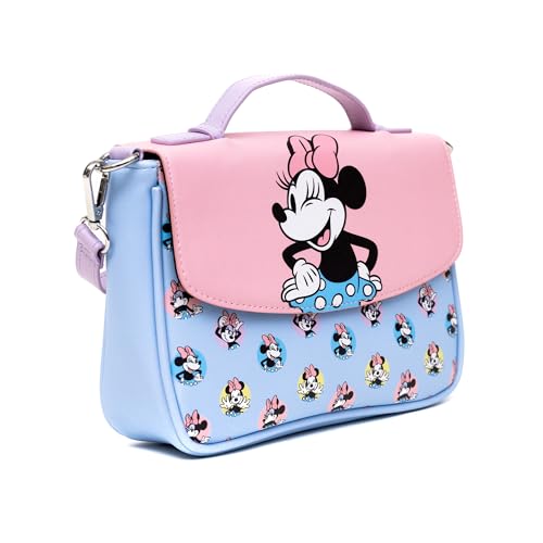 Disney Vegan Leather Fold Over Crossbody Bag for Women, Minnie Mouse Winking Pose Pink and Polka Dot Poses Baby Blue2