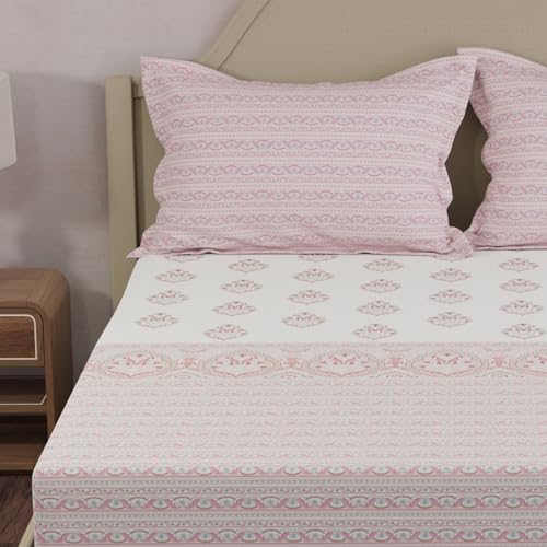 Image of Layers 100% Cotton King Size Bedsheet Set | Pink Ethnic Print | 120 TC Forever Collection | Soft & Breathable | Washable Bedsheet with 2 Pillow Covers | All Season