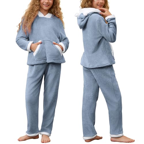 CHILDRENSTAR Kids Fleece Pajamas Bear Ear Hooded Plush Pullover Sweatshirt Pants Loungewear Sets for Boys Girls 3-14 Years