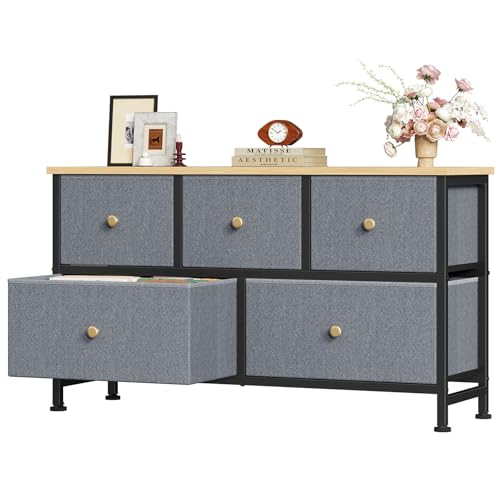 Image of OLIXIS 5 Drawer Dresser for Bedroom, Storage Organizer Unit for Closet | Chest of Drawers for Clothes Storage with Bins, Wide Fabric Bedroom Dresser, Wooden Top, Living Room, Gray Blue