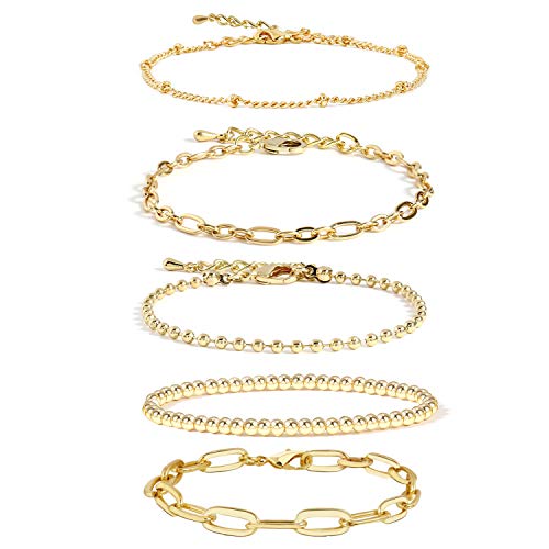 N\\A Gold Chain Bracelet Sets for Women Girls 14K Gold Plated Dainty Link Paperclip Choker Bracelet Stack Gold Small Ball Beads Bracelets Adjustable Layered Metal Link Bracelet (Style-4)