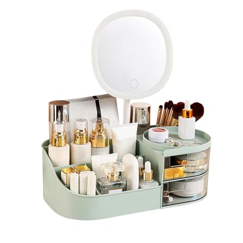 DASITON Organizer Trucchi con Specchio,Porta Trucchi Organizer con 2 Cassetti,Make Up Organizer Bagno per Cosmetici,Organizer Cosmetici Portatrucchi Organizzatore per Bagno,Camera da Letto(Verde)