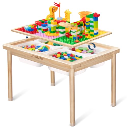 28' Large Wooden Kids Activity Table, Compatible with Lego & Duplo Bricks, 4 Foldable Storage Bins, Premium Solid Pine Wood Play Desk, Reversible Tabletop for Multi-Child STEM Learning & Crafts