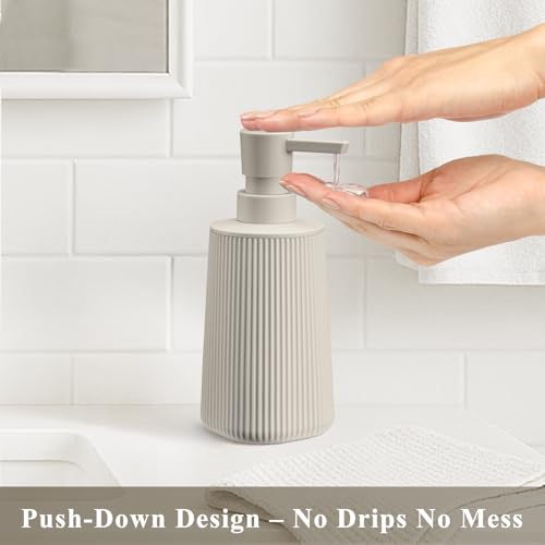 Image of Beige 2 Pack Hand Soap Dispensers Set with No Rust Pump for Bathroom and Kitchen Countertops Refillable Matte Striped Plastic 8.5 oz