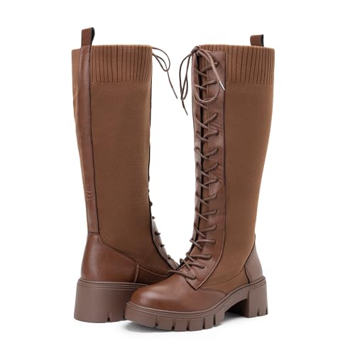 Image of Vepose Women's 953 Knee High Combat Boots Chunky Platform Heel, Lace Up Gothic Punk Work Boots for Dresses and Jeans