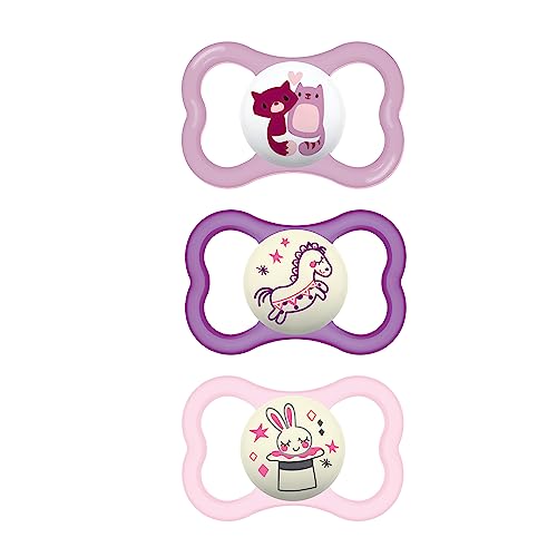 Image of MAM Air Night & Day Baby Pacifier, for Sensitive Skin, Glows in The Dark, 3 Pack, 6-16 Months, Girl,3 Count (Pack of 1)