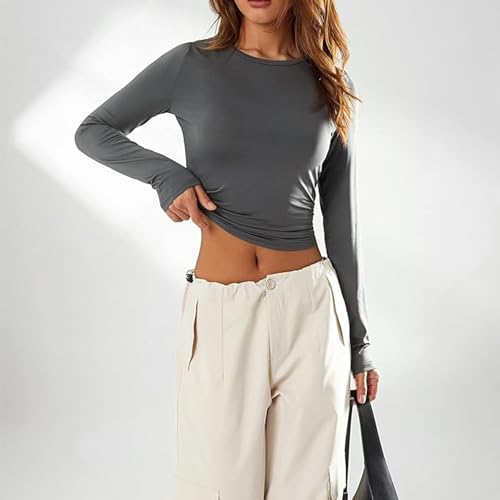 Camiseta de Manga Larga T Shirt, Manga Larga y Ajuste Clásico Mujer Manga Larga Mujer Cuello Redondo (L, Gris)