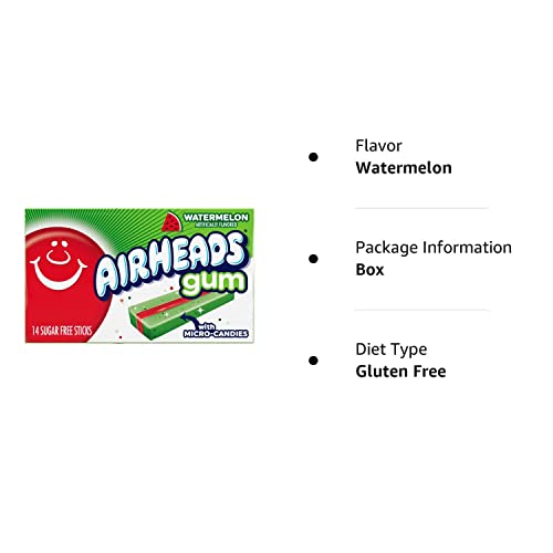 Airheads Candy, Chewing Gum, Watermelon Flavor, Sugar Free, Xylitol, 14 Sticks per Pack, Box of 12 Packs