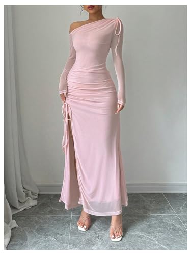 GORGLITTER Women's Drawstring Ruched Split Thigh Mesh Dress Asymmetrical Neck Maxi Dresses4