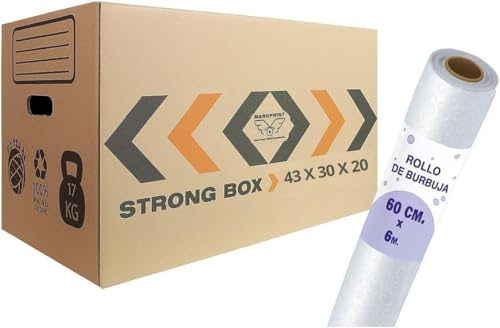 10 Cajas Mudanza Talla M de 32 Litros + Rollo Burbujas - Cajas Carton (43X30X25) Reforzadas y Resistentes - Cajas con Certificación FSC - Cajas de Carton Mudanza 100% Reutilizables