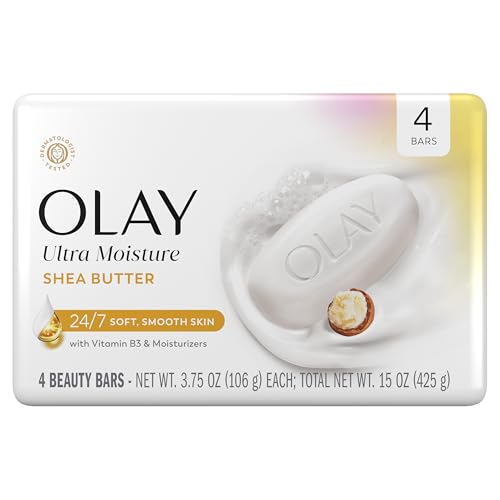 Image of Olay Beauty Bar, Ultra Moisture,10x More Moisturizers, 24 /7 Soft & Smooth Skin, Gentle Cleanse on Face & Body, Vitamin B3 Complex, For All Skin Types, Shea Butter Scent, 3.75 oz, (4 Count)