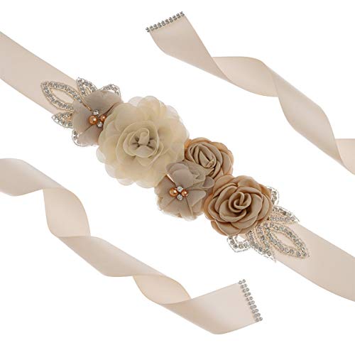 Sash Belt With Flowers Pearls Rhinestone For Wedding Bride/Baby Shower Dress (One Size, Khaki) #TOP1