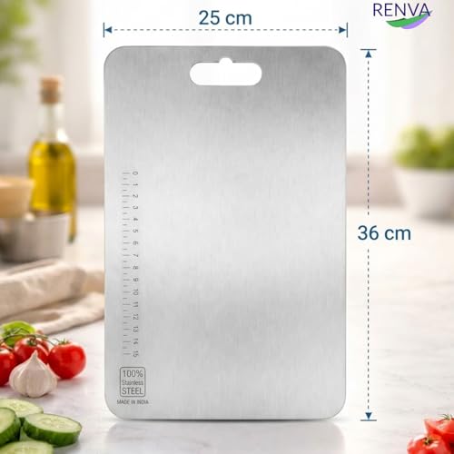 Image of RENVA Stainless Steel Cutting Boards for Kitchen, Double Sided Food-Grade 304 Chopping Board for Meat, Fruit & Vegetable, Rust Resistant Hangable Cutting Board(36x25 cm Silver)