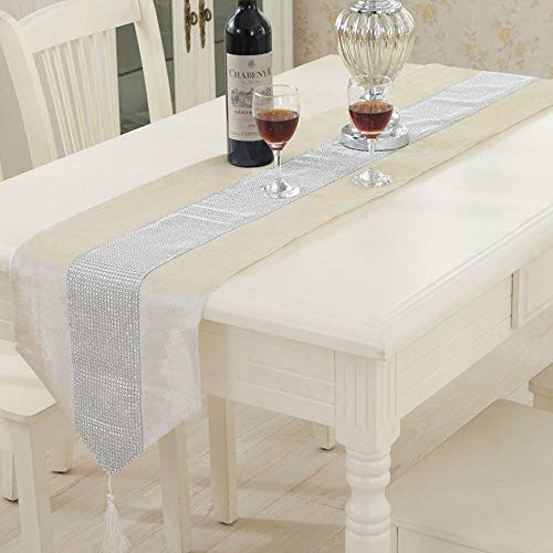 Time to Sparkle 31x183cm Terciopelo Corredor Mesa Diamante Hecha a Mano Mantel Tira de Diamantes Upscale Coffee Table Cloth (Terciopelo-Marfil)