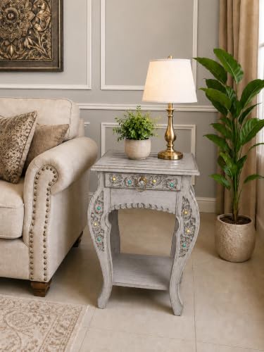 Image of Multipurpose Table Outdoor Indoor Stool Flower Vase Stool with One Drawer Material Mango Wood Size 30.5CM x 30.5CM x 53.3CM (Lite Grey Antique)