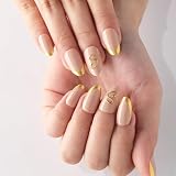 evpct Initial Letter French Tips Press On Nails Short Almond for Women Gift, Nude + Gold Tip, Glossy Soft Gel Press Glue On Nail with Nail Glue, 3D Design Full Cover Reusable Acrylic Fake Nails Kit, S