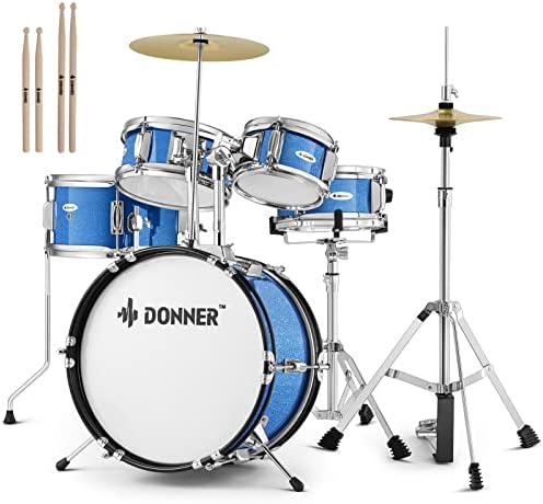 Kids Drum Sets-Donner 5-Piece for Beginners,14 inch Junior Drum Kit, with Adjustable Throne, Cymbal, Hi-Hat, Pedal & Drumstick,Gift for Child-Blue