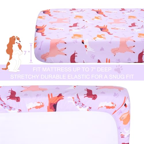 Image of UOMNY Crib Sheet 52x28 Baby Sheet for Girls Breathable Dog Fitted Crib Sheet for Standard Crib and Toddler Mattress Soft Toddler Sheet Purple