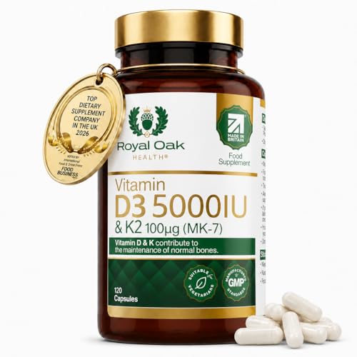 Vitamin D3 5000 IU & Vitamin K2 100mcg (MK-7) x120 Capsules - High Strength Vitamin D & K2 Supplement for Men & Women Made in the UK by Royal Oak Health