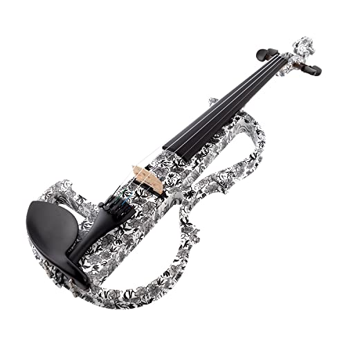 Image of Kinglos. Visual-Art Advanced Electric Violin 4 /4 Full Size Ebony Fittings | Kit Incl. Case Bow Shoulder Rest Aux Cable Spare Bridge Strings - Solid Wood White Grey Silent Fiddle Set for Adults Beginner