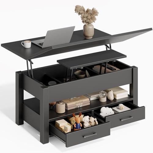 Rolanstar Mueble de Centro de Salón Ajustable en Altura con 2 Cajones, Mesa de Salón de 100 x 50 cm de Madera, Económico en Espacio y Fácil de Montar para Dormitorio (Negro)