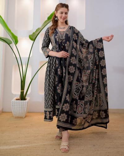 Image of Nermosa Women's Printed Anarkali Kurta and Palazzo Pant Set with Dupatta