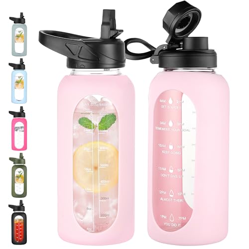 Image of CIVAGO 32 oz Glass Water Bottle with Straw and Handle, Large Sports Motivational Water Bottle Flask with Time Marker and 2 Lids, Leakproof Water Jug Canteen with Silicone Sleeve for Gym,Blush