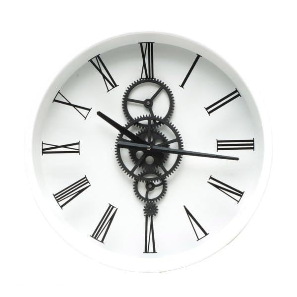 Horloge murale blanche et noire style industriel 46 cm engrenages
