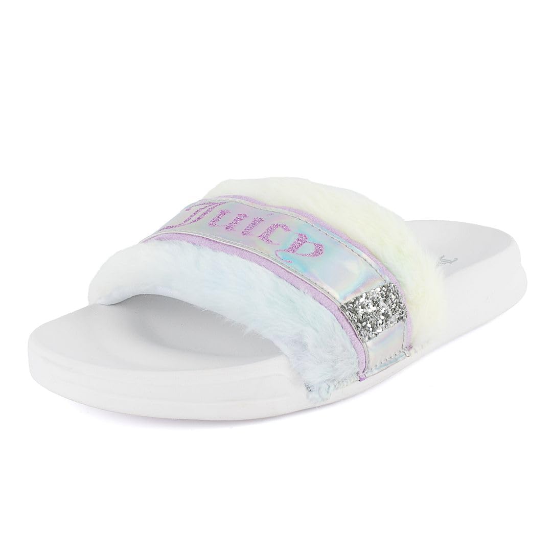 Juicy Couture Women's Fashionable Faux Fur Slide Sandals, Cozy Slip-On with EVA Sole for Indoor & Outdoor Slip-On: 7 White Tie Dye-stiches