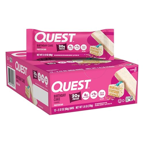 Quest Nutrition Birthday Cake Protein Bars, 20g Protein, 1g Sugar, 4g Net Carbs, Gluten Free, Keto Friendly, 12 Count