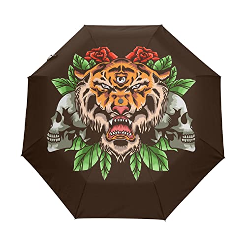 Parapluie pliable automatique à motif crâne de tigre en colère et roses