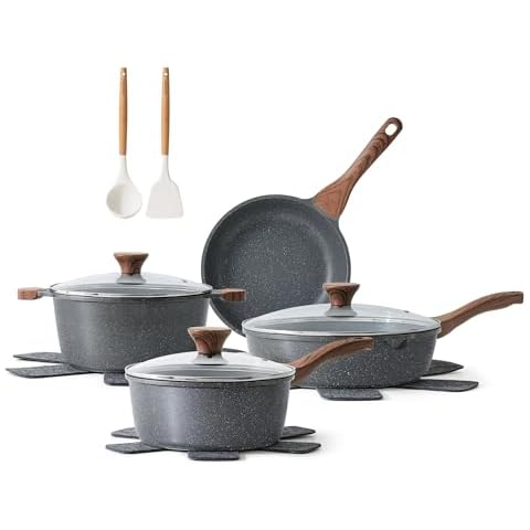 SENSARTE Nonstick Granite Cookware Set 13-Piece, Healthy Pots and Pans Set, Non-Toxic Kitchen Cooking Set with Stay-Cool Handles, Silicone Tools and Pot Protectors Cover