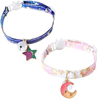2 Pcs Adjustable Cat Collar with Quick Release Buckle Breakaway Cat Collar with Bell Cute Moon and Star Cat Collar with Bells and Bell Adjustable Cute Kitty Collar with Bells for Cats Kitten