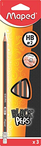 Maped - Bleistift BLACK'PEPS HB mit Radiergummikopf FSC 100% - 3 Stück - aus FSC-zertifiziertem Pappel-Holz - ergonomischer Drei-Kant-Bleistift