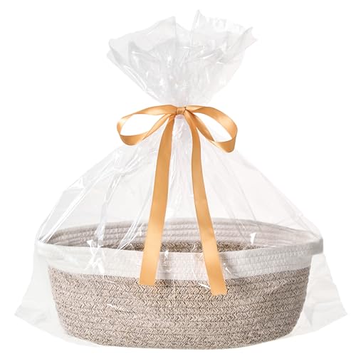 Image of Small Woven Gift Basket Empty with Bag & Ribbon - Gifts for Mom, Baby Shower, Birthdays & Raffle - Cotton Rope Storage Basket for Dog Toys or Shelf - 12 inchx8 inchx5 inch, White & Brown